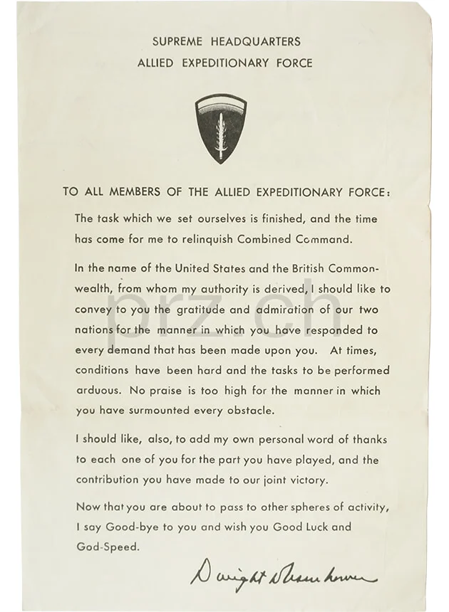 General Dwight D. Eisenhower's Farewell Letter, Vorderseite General Dwight D. Eisenhower's Farewell Letter, Modell Armed Forces, Jahr 1945, Vorderseite