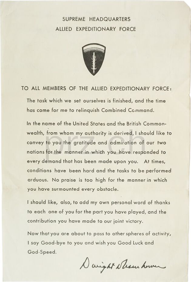 Vorderseite von General Dwight D. Eisenhower's Farewell Letter, Modell Armed Forces, Jahr 1945, Bild 1