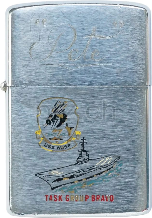 Vorderseite von U.S. Navy «U.S.S. WASP» – Task Force Bravo, Modell chrome plated brushed, five barrel hinge, Jahr 1965, Bild 1